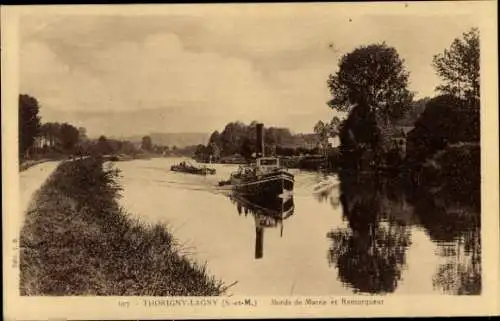 Ak Lagny Thorigny Seine et Marne, Bords de Marne et Remorqueur