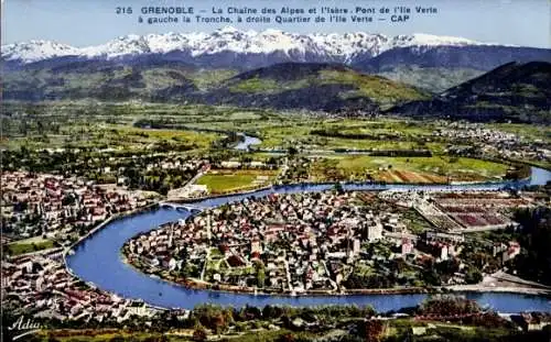 Ak Grenoble Isère, Alpenkette, Isere, Pont de l'Ile Verte, la Tronche, Quartier de l'Ile Verte