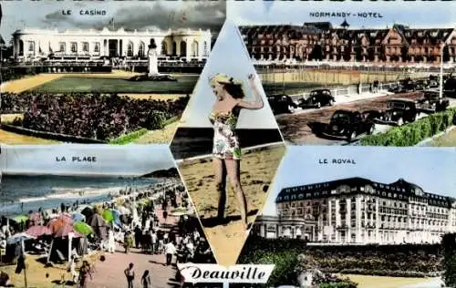 Ak Deauville Calvados, Casino, Normandy Hotel, Strand, Royal, Frau im Badeanzug