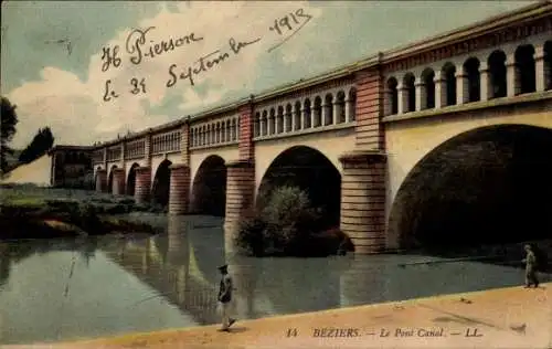 Ak Béziers Hérault, Kanalbrücke, Angler