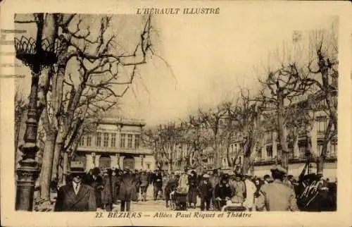 Ak Béziers Hérault, Allees Paul Riquet et Theatre