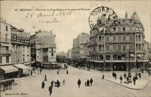 Ak Béziers Hérault, Place de la Republique, Avenue de Pezenas