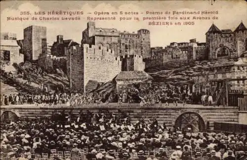 Ak Béziers Hérault, Arena, Freilichtbühne, Les Heretiques, 1905