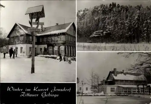 Ak Jonsdorf in der Oberlausitz Sachsen, Teilansichten, Winter, Wegweiser