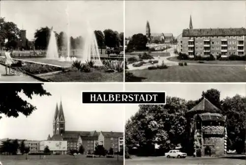 Ak Halberstadt am Harz, Springbrunnen am Breiten Weg, Lindenweg, Blick zum Dom, Wassertor