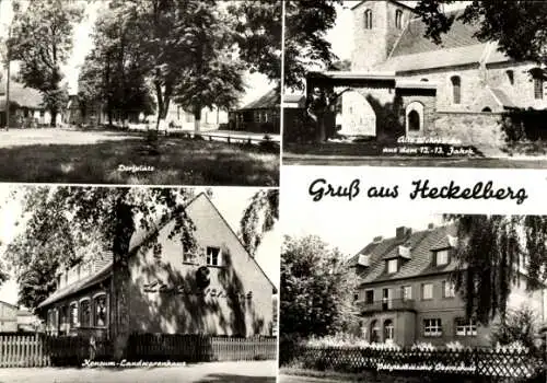 Ak Heckelberg in Brandenburg, Dorfplatz, Konsum, Wehrkirche