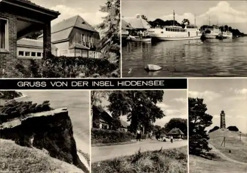 Ak Insel Hiddensee in der Ostsee, Gerhard-Hauptmann-Gedächtnisstätte Haus Seedorn, Hafen, Steilküste