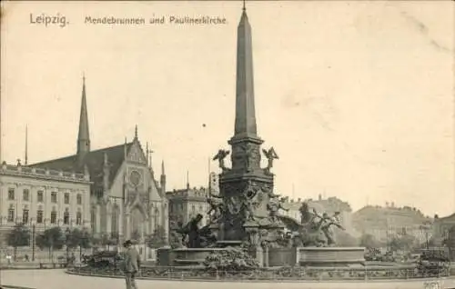 Ak Leipzig in Sachsen, Mendesbrunnen, Paulinerkirche