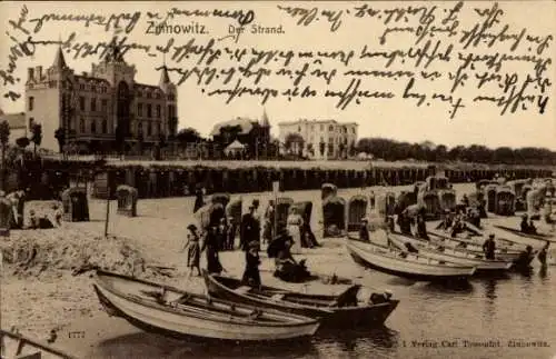 Ak Ostseebad Zinnowitz auf Usedom, Strand, Boote, Personen