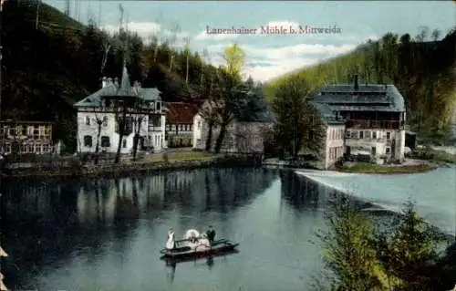 Ak Lauenhain Mittweida in Sachsen, Lauenhainer Mühle, Fluss mit Wehr, Boot