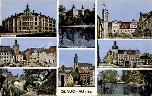 Ak Glauchau in Sachsen, Pestalozzischule, Markt, Tunnel, Schloss Hinterglauchau, Postamt