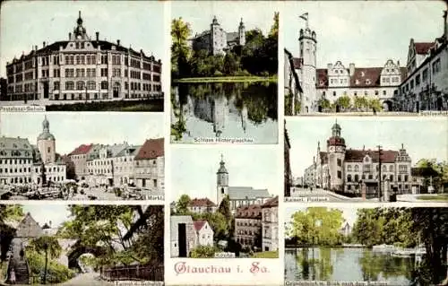 Ak Glauchau in Sachsen, Schloss Hinterglauchau, Schlosshof, kaiserliches Postamt, Marktplatz