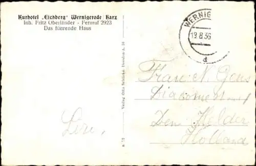 Ak Wernigerode am Harz, Hotel Elchberg, Inh. Fritz Oberländer