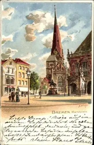 Künstler Litho Wolff, A., Hansestadt Bremen, Marktplatz, Kirchturm, Bodega