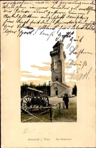 Ak Arnstadt in Thüringen, Kaiserturm, Kanone, Person