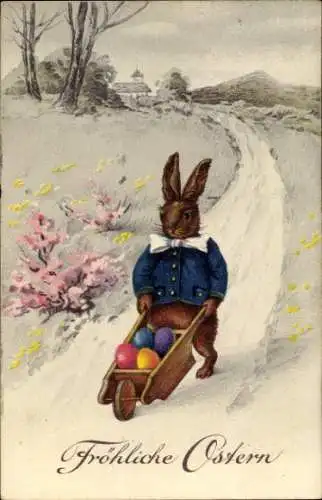 Ak Glückwunsch Ostern, Osterhase, Ostereier, Schubkarre