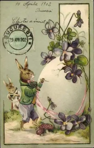 Präge Litho Glückwunsch Ostern, Osterhase, Osterei, Veilchen