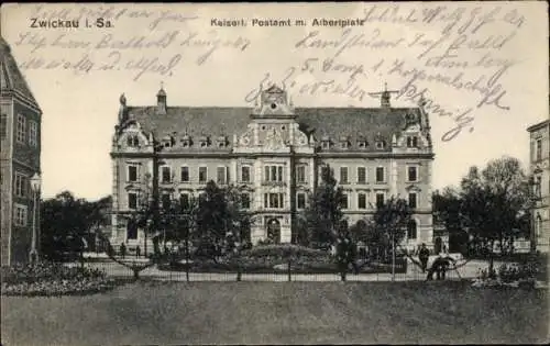 Ak Zwickau in Sachsen, Kaiserl. Postamt m. Albertplatz