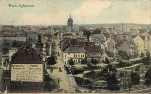 Ak Recklinghausen im Ruhrgebiet, Teilansicht der Stadt, Bahnhofs-Hotel, Inh. Franz Köchling