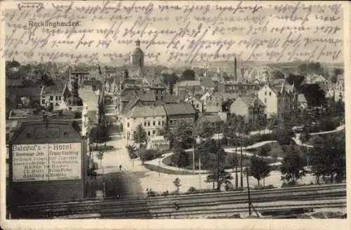 Ak Recklinghausen im Ruhrgebiet, Teilansicht der Stadt, Bahnhofs-Hotel, Inh. Franz Köchling