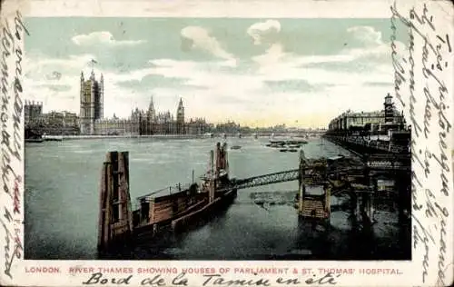 Ak City of Westminster London England, Houses of Parliament, St. Thomas Hospital, Themse