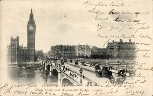 Ak City of Westminster, London, England, Uhrturm, Westminster Bridge