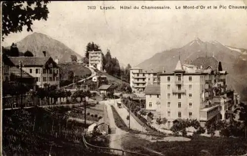Ak Leysin Kt. Waadt Schweiz, Hotel du Chamossaire, Le Mont d'or et le Pic Chaussy