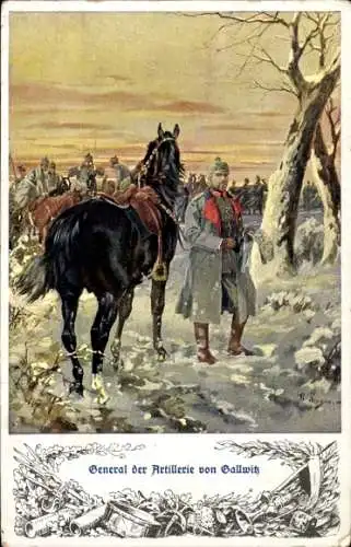 Künstler Ak General der Artillerie Max von Gallwitz, Portrait, Pferd, Winter, I. WK