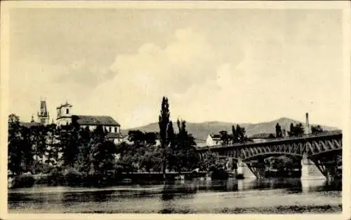 Ak Litoměřice Leitmeritz Reg. Aussig, Wasserblick zur Kirche, Brücke