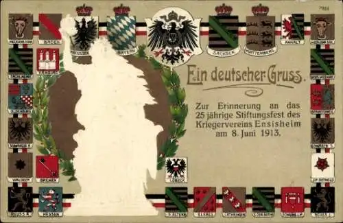 Präge Wappen Litho Ein deutscher Gruß, Landeswappen, Germania