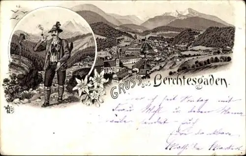 Litho Berchtesgaden in Oberbayern, Gesamtansicht, Wanderer in Tracht