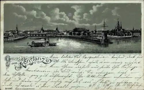 Mondschein Litho Konstanz am Bodensee, Gesamtansicht, Boot