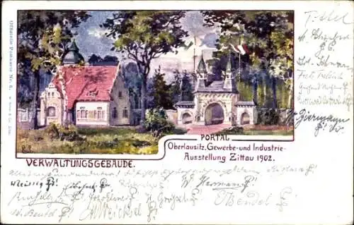 Ak Zittau in der Oberlausitz, Gewerbe- u. Industrieaustellung 1902, Verwaltungsgebäude, Portal