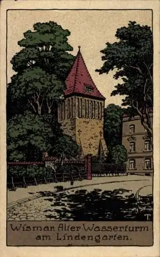 Steindruck Ak Hansestadt Wismar, Alter Wasserturm, Lindengarten