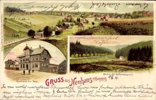 Litho Neuhaus am Rennweg, Gasthaus Zur Post, Ascherbachgrund, Gesamtansicht