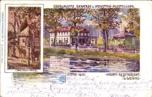 Künstler Litho Zittau, Gewerbe und Industrieausstellung 1902, Rehzwinger, Hauptrestaurant Weinau