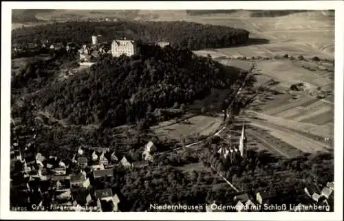 Ak Niedernhausen Fischbachtal im Odenwald, Schloss Lichtenberg, Blick auf den Ort, Fliegeraufnahme