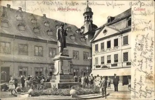 Ak Koblenz am Rhein, Müller Denkmal, Stadthaus, Lehrmittel Anstalt