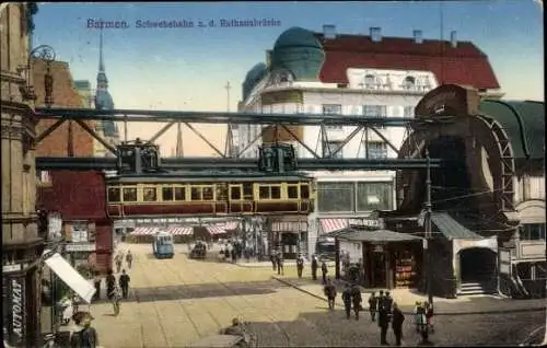 Ak Barmen Wuppertal, Schwebebahn a. d. Rathausbrücke