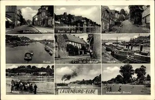 Ak Lauenburg an der Elbe, Hamburger Straße, Hafen, Fähre, Schlepper, Schloss, Hohnstorfer Strand