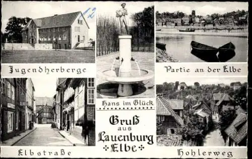 Ak Lauenburg an der Elbe, Hans im Glück Brunnen, Hohlerweg, Elbstraße, Jugendherberge