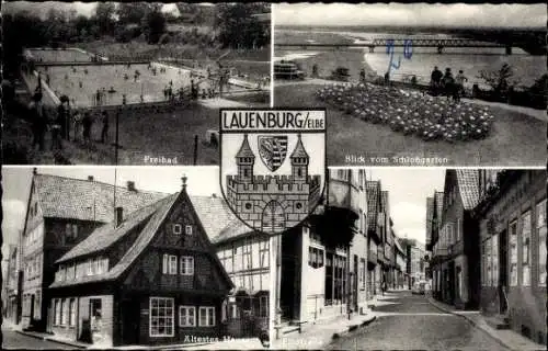 Ak Lauenburg an der Elbe, Freibad, Elbstraße, Blick vom Schlossgarten, Ältestes Haus