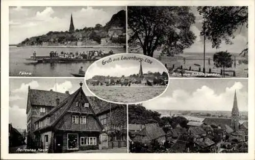 Ak Lauenburg an der Elbe, Gesamtansicht, Blick vom Schlossgarten, Ältestes Haus, Fähre