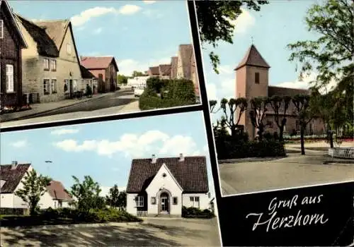 Ak Herzhorn in Holstein, Teilansichten, Straßenpartie, Kirche