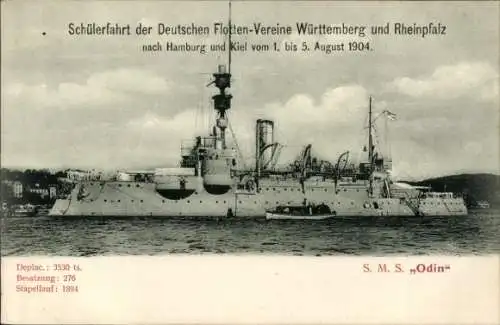 Ak Deutsches Kriegsschiff, SMS Odin, Küstenpanzerschiff, Schülerfahrt der Dt. Flottenvereine 1904