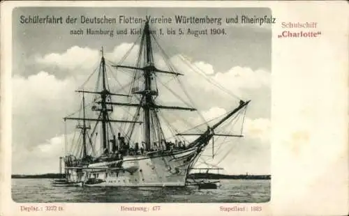 Ak Deutsches Kriegsschiff, Charlotte, Schulschiff, Schülerfahrt der Dt. Flottenvereine 1904