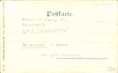 Ak Deutsches Kriegsschiff, Charlotte, Schulschiff, Schülerfahrt der Dt. Flottenvereine 1904