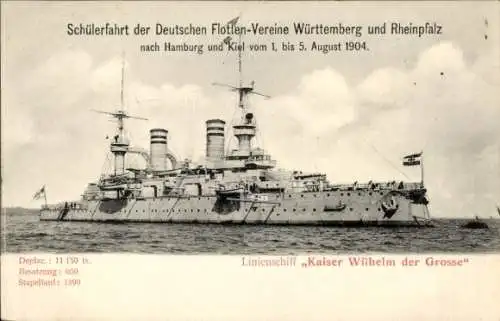 Ak Deutsches Kriegsschiff, Linienschiff Kaiser Wilhelm der Große,Schülerfahrt der Dt. Flottenvereine