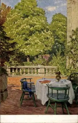 Künstler Ak Claudius, Wilh., Blühende Kastanien, Terrasse
