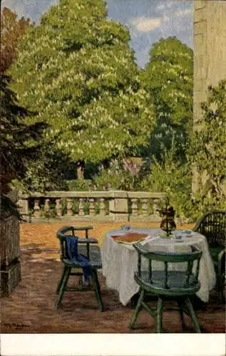 Künstler Ak Claudius, Wilh., Blühende Kastanien, Terrasse